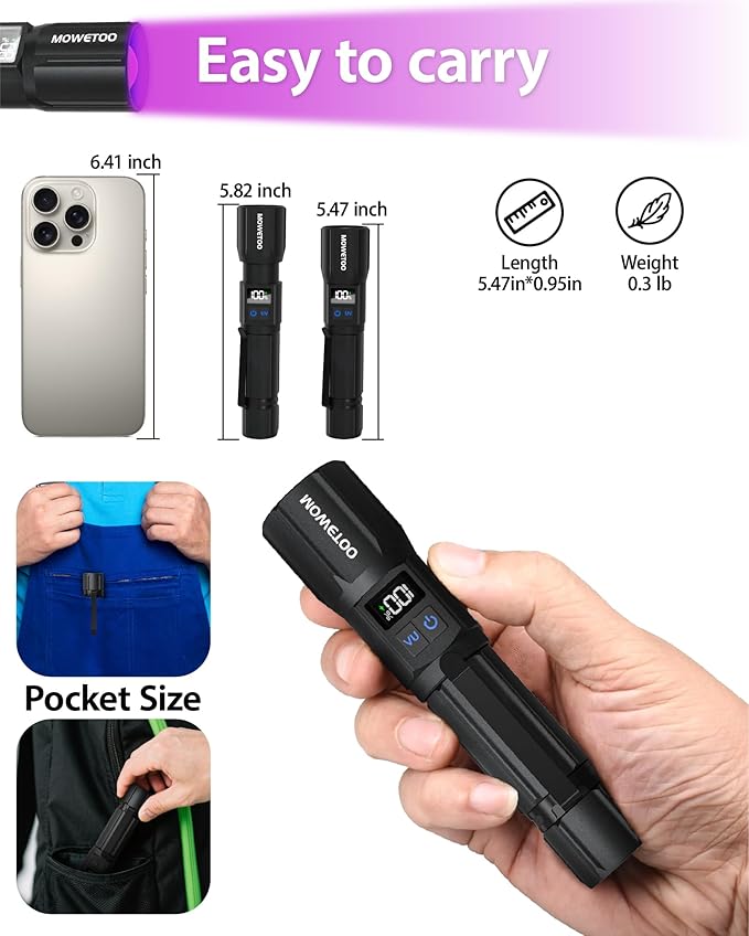 Black Light Flashlight 395NM, UV Light USB C Rechargeable with LCD Display, Zoomable Woods Lamp 2N1, Blacklight for Pet Urine Detection, Resin Curing, Rocks, Travel, Minerals, Scorpion, Glass, Leak