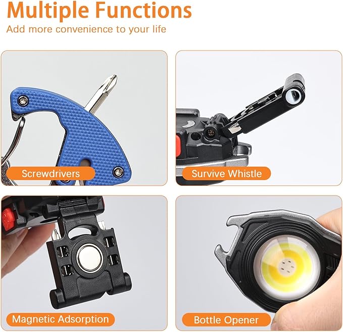 MAKDAK 2PC Keychain Flashlight Rechargeable Cob Keychain Work Light 7 Modes 1600Lumen High Lumen Flashlights for Emergencies,EDC (Orange and Blue)