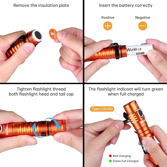 Wurkkos FC11C Led Flashlight Rechargeable High Lumen 1200, Small Powerful Flashlight USB C, Super Bright EDC Flashlight IP68 Waterproof, 155Meters Long Range, 90 High CRI (Orange 5000K)