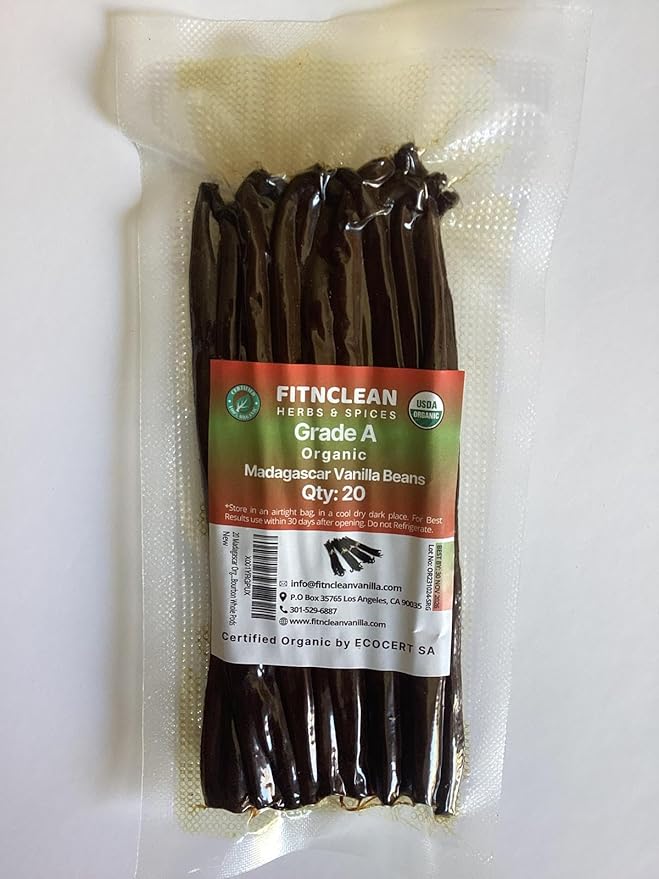 20 Madagascar Organic Vanilla Beans Grade A. Certified USDA Organic. ~6" by FITNCLEAN VANILLA for Baking, Extract and Cooking. Fresh Gourmet NON-GMO Bourbon Whole Pods