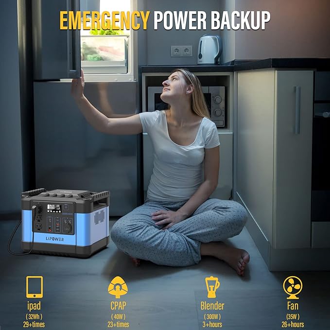 Lipower Solar Generator, 1120Wh Power Station 3 * 1000W AC Outlets(2000W peak), 60W USB-C Output, Generator for Camping, CPAP, Home BackupBlue+1 Solar Panel