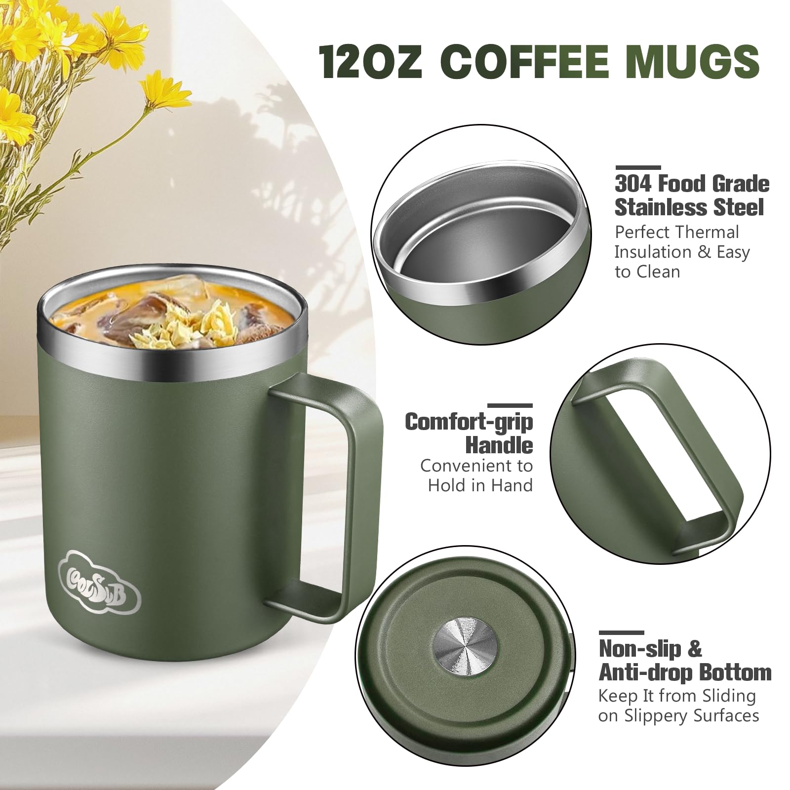 CoolSub 12oz Insulated Coffee Mug with Handle, Stainless Steel Wide Mouth Travel Tumblers with Lid