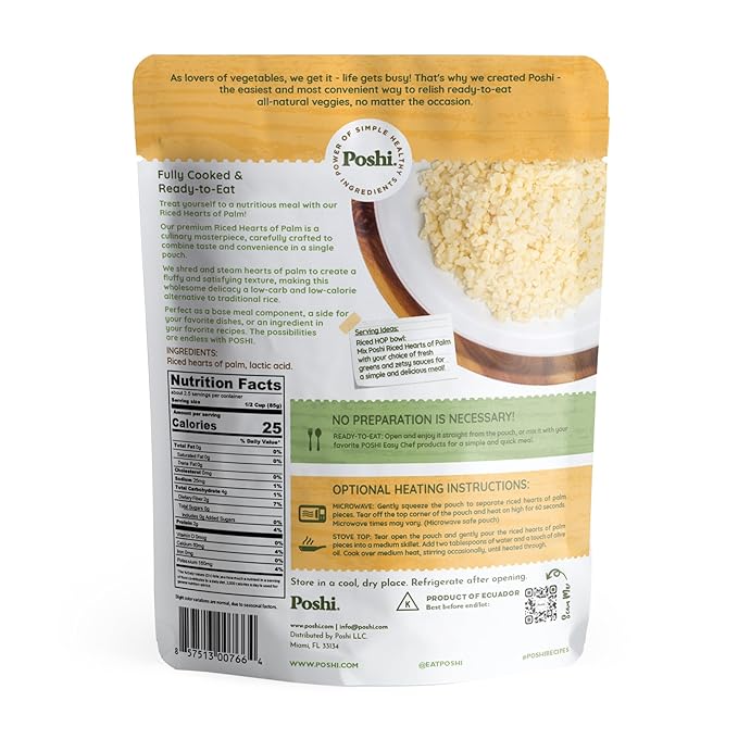 POSHI Riced Heart Of Palm | All Natural, Fully Cooked, Ready to Eat, Non-GMO, Low Calorie + Carb, Gluten Free, Vegetable Rice, Meals, On The Go, Plant-Based, Healthy, Veggies (7oz, 6 Pack)