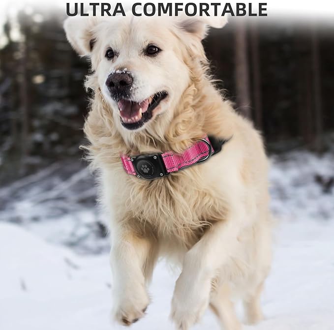 Airtag Dog Collar - 100% Waterproof AirTag Holder, Reflective, Soft Padded, Everlasting GPS Collar for Small to Large Dogs (Hot Pink, L)