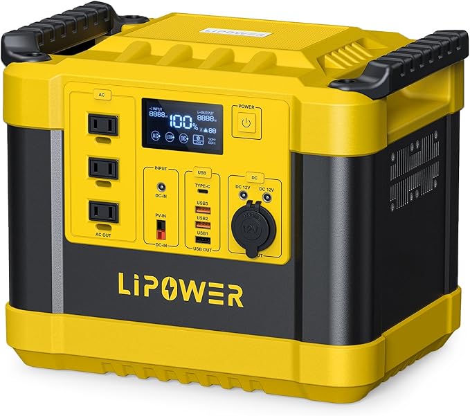 Lipower Solar Generator, 1120Wh Power Station 3 * 1000W AC Outlets(2000W peak), 60W USB-C Output, Generator for Camping, CPAP, Home Backup-Yellow