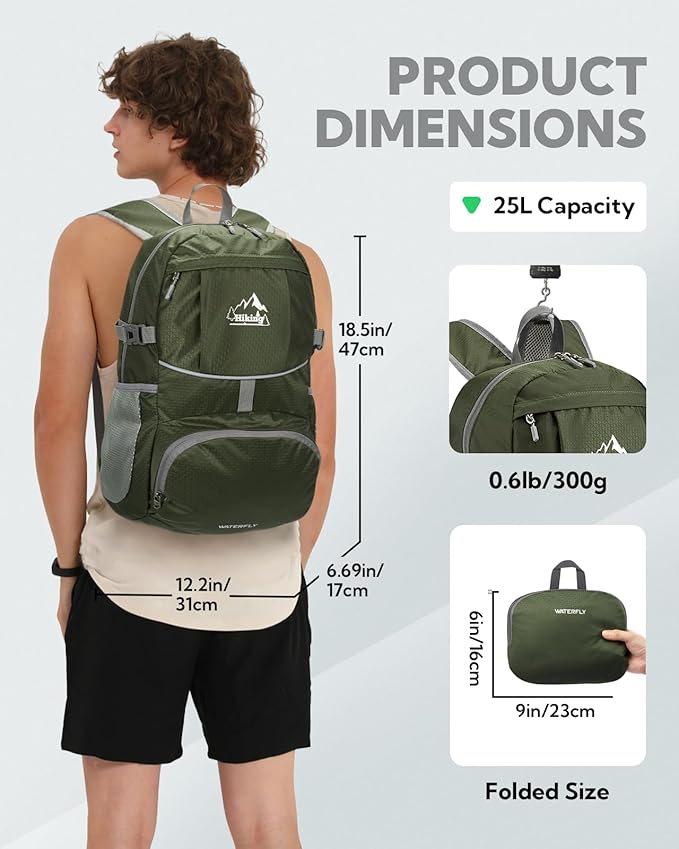 WATERFLY Hiking Foldable Daypack Backpack: 25L Ultra Lightweight Waterproof Day Pack for Woman Man - Small Compact Packable Folding Back Pack for Outdoor Sport Cycling Biking Travel Trip - Green