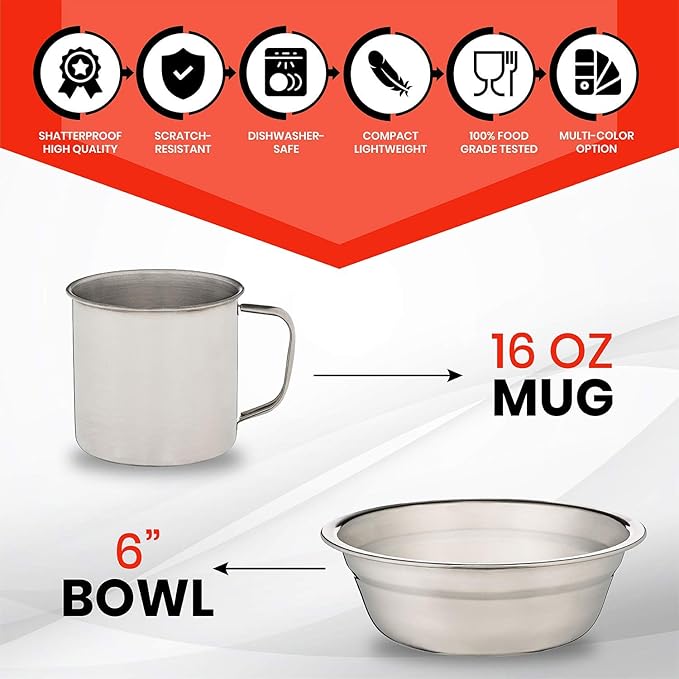 10-Piece Camping Dish Set - Stainless Steel Camp Mess Kit with Mesh Bag for Camping, Backpacking, Hiking - Complete Camping Dinnerware Set with Cup, Plate, Bowl, and Cutlery (with Zipper Cutlery Bag)