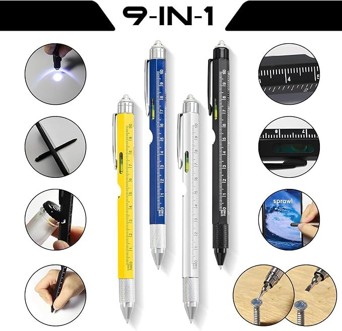 Christmas Gifts Stocking Stuffers for Men,Multitool Pen 9 in 1 Innovative Gift for Men,with LED Light,Ruler, Stylus,Bubble Level,Screwdrivers,Unique Gifts Gadgets for Him,Boyfriend,Husband