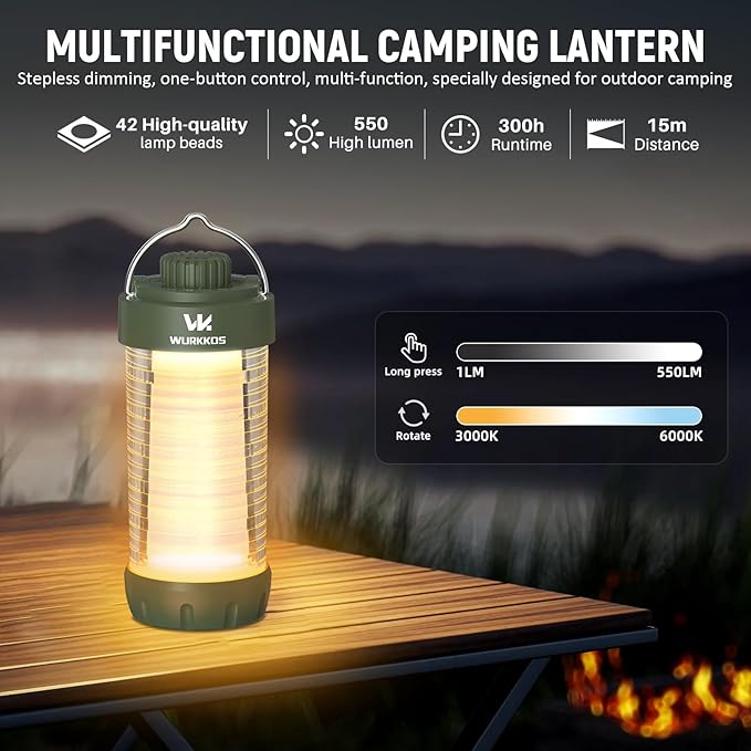 Wurkkos CL01 Camping Lantern Rechargeable, 550LM Waterproof Tent Light with Magnet Base, Up to 300H Runtime, Led Lantern with RGB light, Emergency Camp Light for Power Outages,Hurricane,Hiking,Camping
