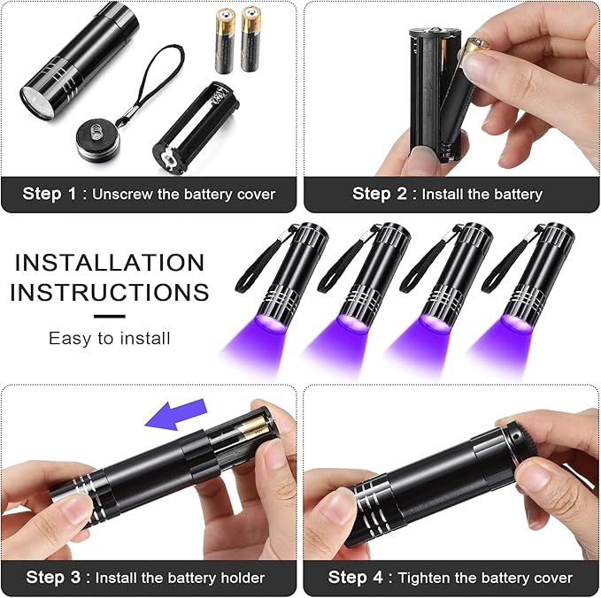 Riakrum 12 Pieces UV Blacklight Flashlights LED Handheld Mini Light Flashlight Small Portable Detector 395nm 9 LED Light for Pet, Carpet Dry Stains Detection, Spot Scorpions, Resin Curing(Black)