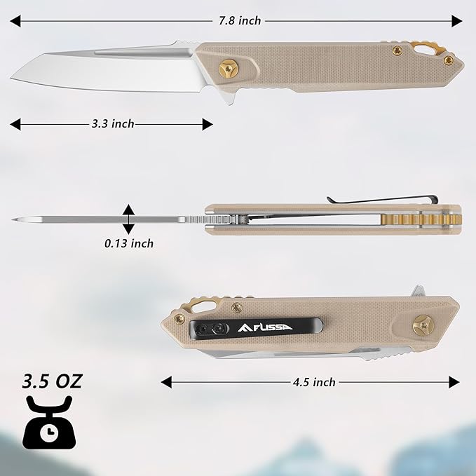 FLISSA Folding Pocket Knife, EDC Knife with D2 Steel Blade and G10 Handle, Pocket Clip, Suitable for Camping, Hiking, Fishing, Daily Use, Outdoor Activities(Brown)