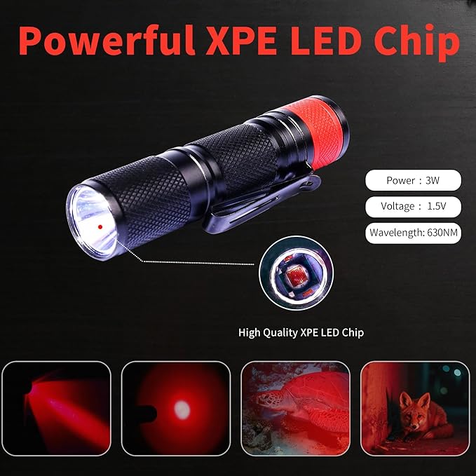 KunHe 7 Pack Red Light Flashlight 3W Mini Waterproof Aluminum Pocket Flashlight with Clip for Turtle Observation Hunting Night Vision Outdoor Activities Single Mode Gift