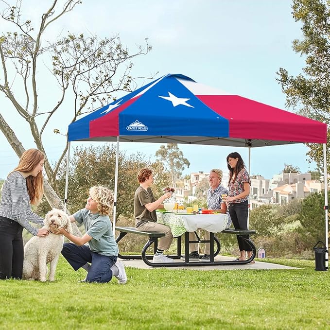 EAGLE PEAK Pop Up Canopy Tent with Wheeled Carry Bag, 8 Stakes, 4 Ropes, 4 Weight Bags, Easy Set Up Tent Canopy, 10x10 ft, 100sqft of Shade, Texas