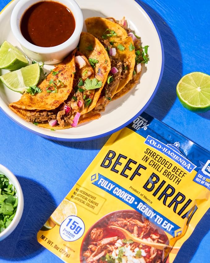 Old Hacienda Beef Birria | 100% Shredded Beef in Chili Broth | Fully Cooked & Ready to Eat | 15g Protein | No Preservatives, Artificial Flavors or Colors | BPA Free Pouch | Pack of 3-8 oz