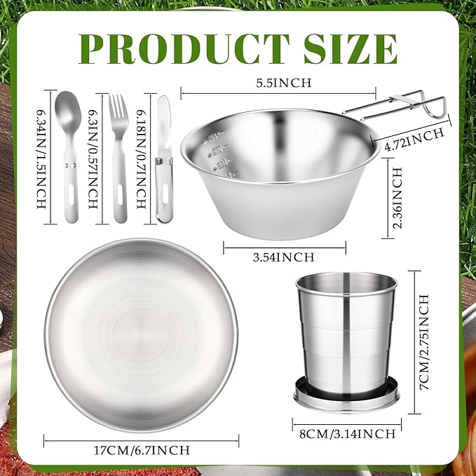 LemonRoad 2 Set Stainless Steel Camping Utensil Kit, Include 2 Collapsible Cups with Lid and Keychain, 2 Plates, 2 Bowls, 2 Spoons, 2 Forks and 2 Knives Camp Dinnerware for Hiking, Picnic, Travel
