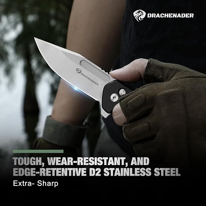 Button Lock Pocket Folding Knife with Nylon-Sheath (Horizontal carry), 3.42" D2 Blade with Aluminum Handle, Camping Pocket & Folding Knives with Clip, EDC Knife Gift, Black