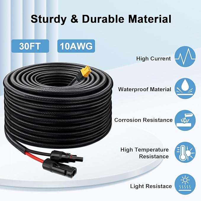 Solar to XT60 Cable 10AWG 30FT Solar Connector to XT60 Adapter Cable for Solar Panel to Battery RV Portable Power Station Solar Generator - 30 Foot