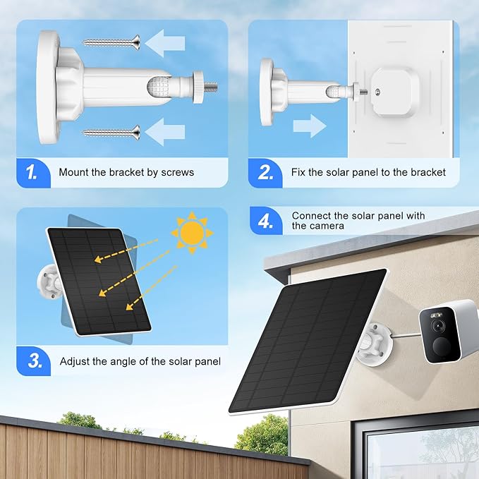 5W Solar Panel for Security Camera Outdoor, Micro USB & USB-C Port Camera Solar Panel, Compatible with Rechargeable Battery Powered Cameras, IP65 Waterproof, 9.8ft Cable, 360° Adjustable Bracket