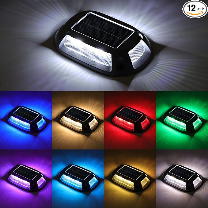 VOLISUN Solar Driveway Lights Dock Deck Lights 12 Pack,9 Colors in 1 Led IP67 Waterproof Outdoor Warning Step Lights for Driveway Sidewalk Pathway RGB