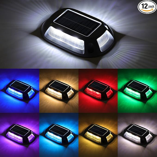VOLISUN Solar Driveway Lights Dock Deck Lights 12 Pack,9 Colors in 1 Led IP67 Waterproof Outdoor Warning Step Lights for Driveway Sidewalk Pathway RGB
