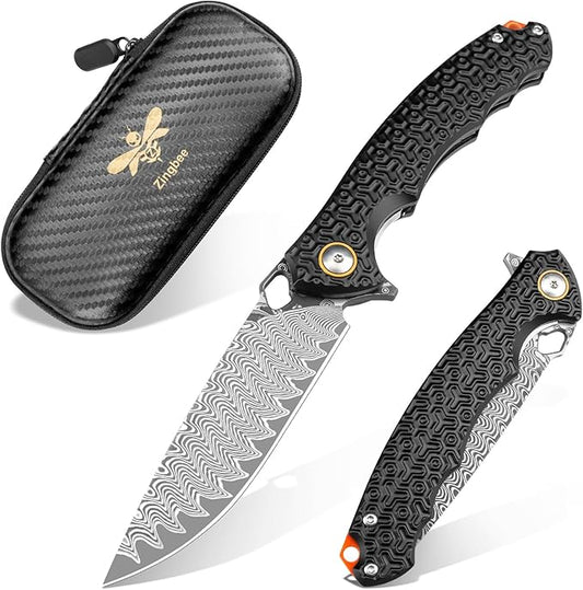 Damascus Pocket Knife for Men Women, 3.35" VG10 Core Damascus Steel Blade Folding Knives with Black Aluminum Handle, EDC Camping Knife