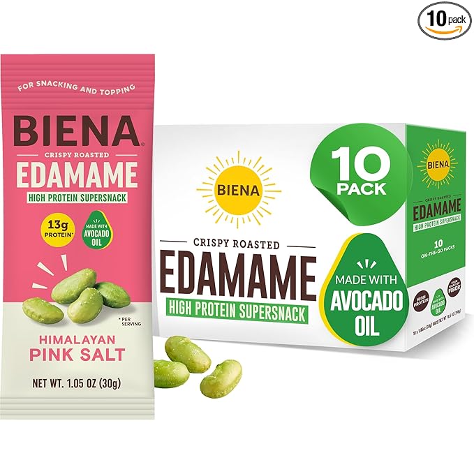 Biena Crispy Roasted Edamame Beans Snack ??High Protein Low Carb Snack for Adults & Kids, 13g Protein per Serving - Made w/Avocado Oil ??Vegan, Gluten-Free ??10-Pack, 1.05oz Bags, Himalayan Pink Salt