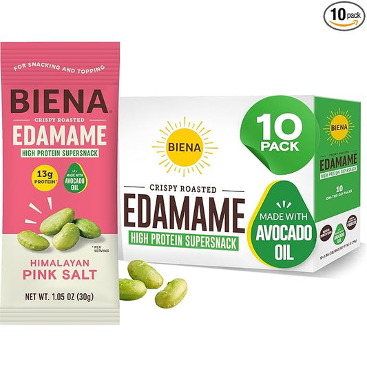 Biena Crispy Roasted Edamame Beans Snack ??High Protein Low Carb Snack for Adults & Kids, 13g Protein per Serving - Made w/Avocado Oil ??Vegan, Gluten-Free ??10-Pack, 1.05oz Bags, Himalayan Pink Salt