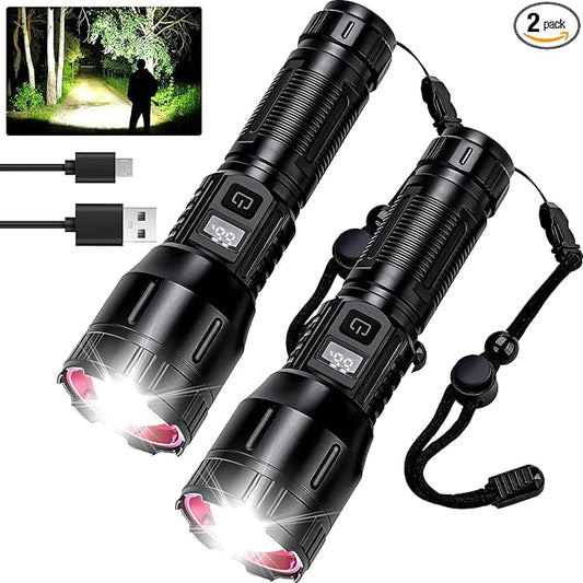 Rechargeable Flashlights High Lumens 990,000L (2Packs), Super Bright LED Handheld Tactical Flash Light, Battery Powered Strong Flashlight with USB C, 3 Modes, Zoomable, USB Output for Home, Emergency