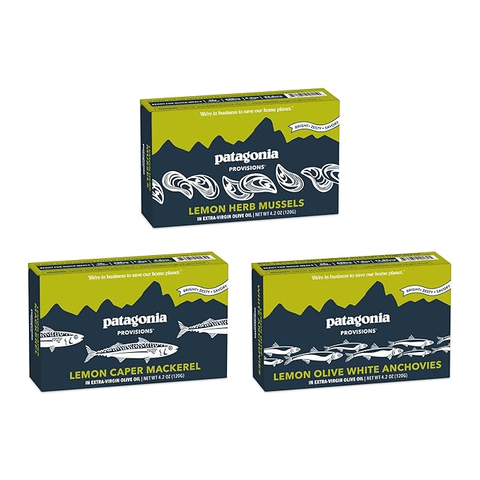 Patagonia Provisions Lemon Lovers Fish Bundle | (1) Lemon Caper Mackerel, (1) Lemon Olive Anchovies, (1) Lemon Herb Mussels