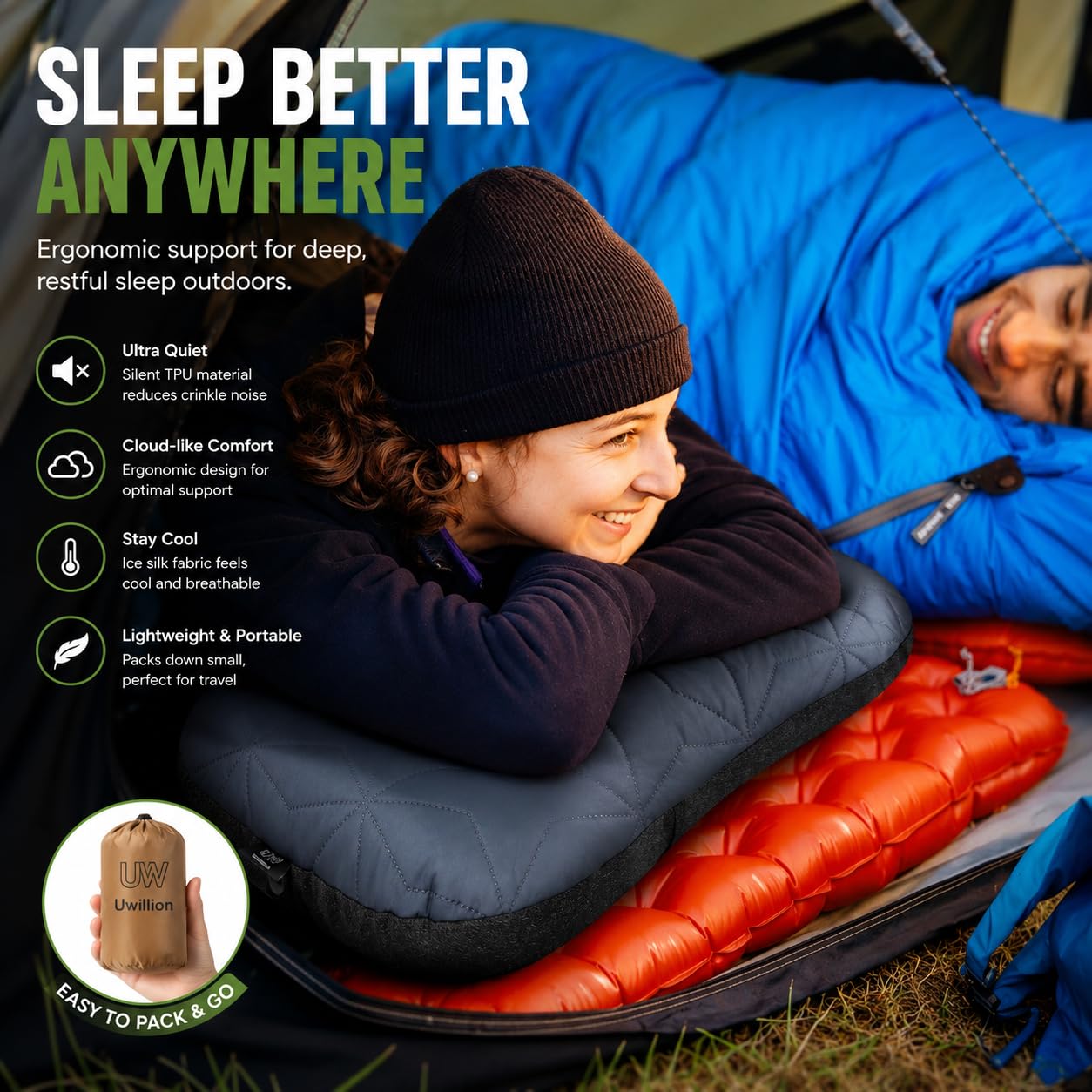 UWILLION Inflatable Camping Pillow with Removable Washable Cover, Ultralight Compact Air Pillow for