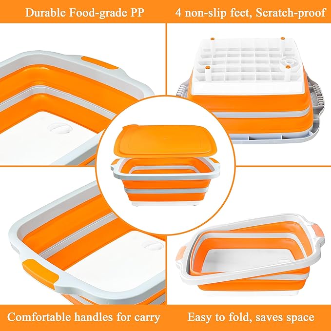 Collapsible BBQ Prep Tubs with Lids, Grill Cutting Board, Camping Sink with Drainage Hole for Meal Prep, Fruit Wash and Food Storage, Marinating Container, 30L Orange Tub 24"