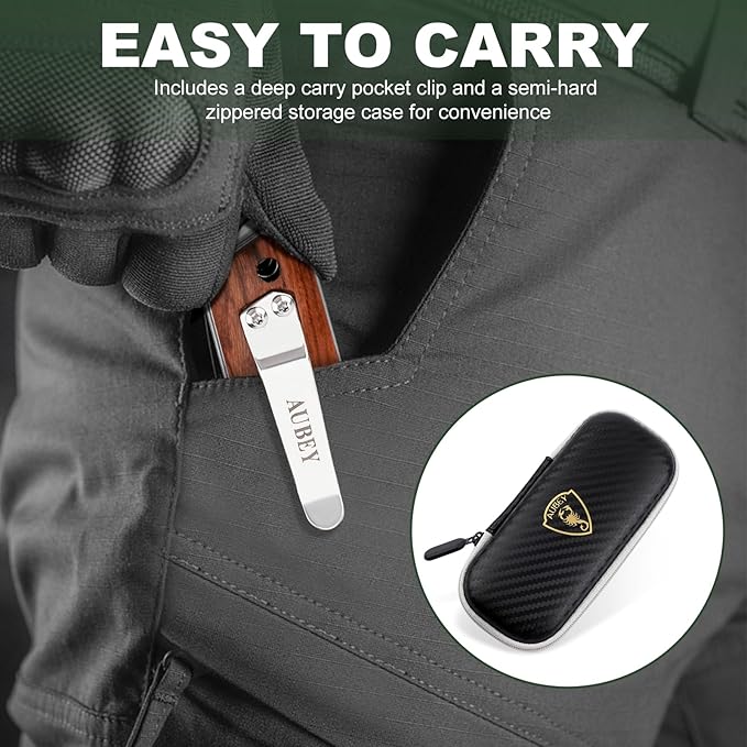 AUBEY Damascus Pocket Knife for Men, Sharp Tanto Blade with VG10 Core Folding Knives with Wooden Handle and Glass Breaker for EDC Camping Gift Collection