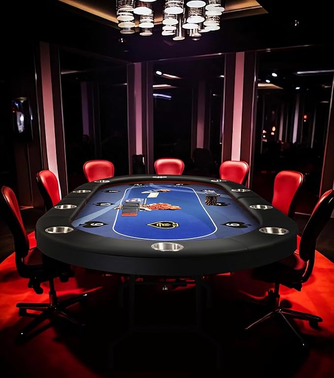 LUCKYERMORE Upgraded 10 Players Poker Table with Stainless Steel Cup Holder, 84”Folding Casino-Style Texas Game Poker Tables with Padded Rails, Blue Felt Surface, Fully Assemble