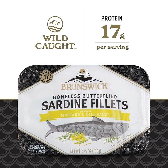 Brunswick Sardines in Mustard & Dill Sauce, 3.75 oz Can (Pack of 12) - Boneless Butterflied Sardine Fillets - Wild Caught - 17g Protein per Serving - Gluten Free, Keto Friendly