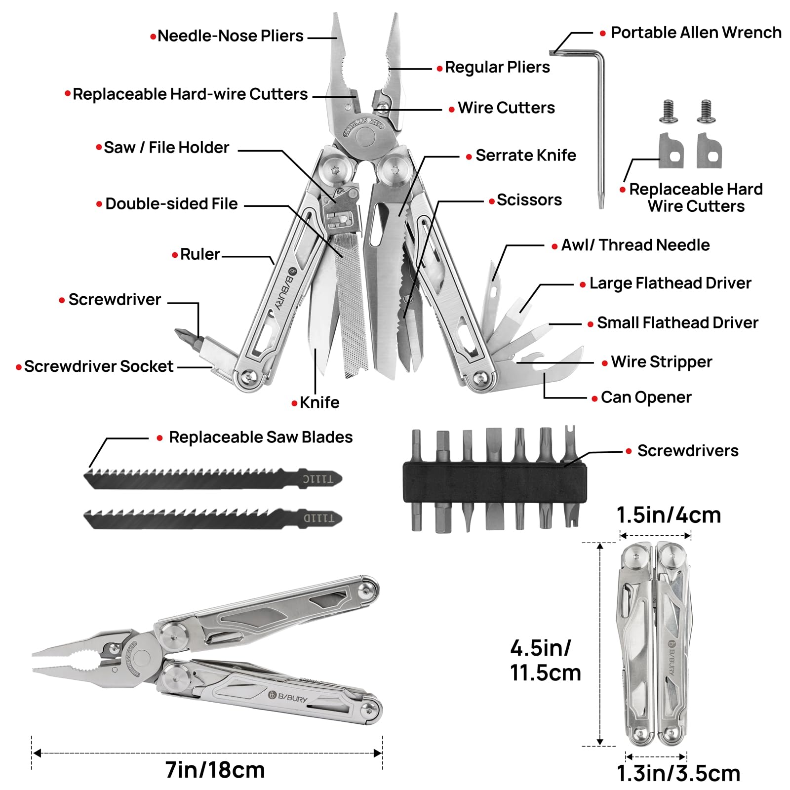 BIBURY 31-in-1 Multitool Pliers Pro,EDC Pocket Knife & Scissors-BI2045