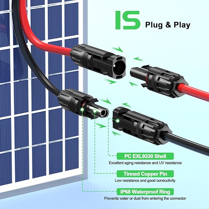 Bateria Power Solar to XT60 Charge Extension Cable with Solar Connectors Caps, Combined Wire Solar Connector to XT60 Adapter Cable for Solar Panel to Battery RV Power Station Generator 12AWG 50FT