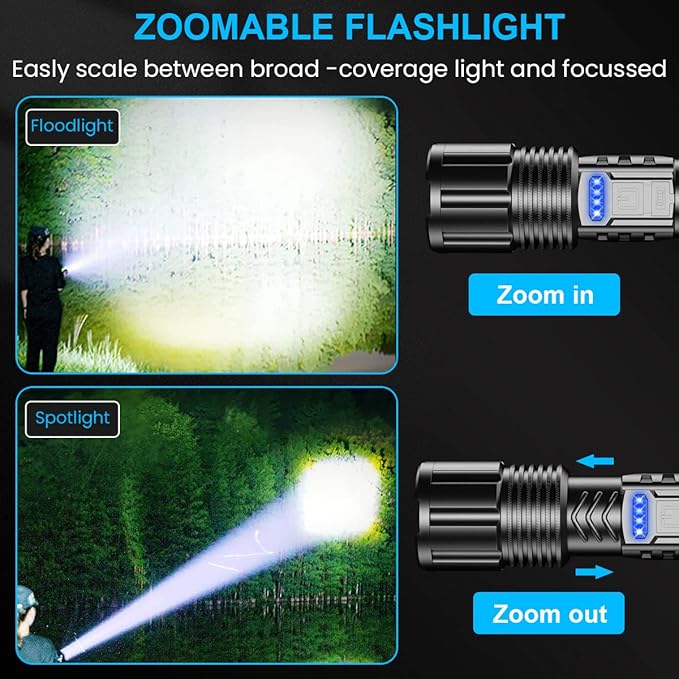 Rechargeable LED FLashlights 8000 High Lumens, Super Bright LED Tactical Flashlight with Power Display, Zoomable, with COB Lightï¼?Waterproof,Powerful Handheld Flashlight for Camping,Hiking 2 Pack