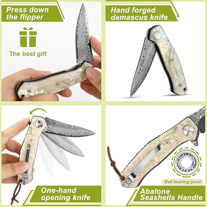 Benkey Damascus Pocket Knife, Extremely Sharp VG10 Core Damascus Steel Folding Knives with Clip and Leather Sheath, Unique Abalone Seashells Handle, Ball Bearing, Liner Lock, Knife for EDC Men Women