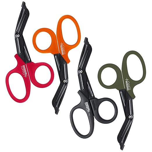Madison Supply Medical Scissors - 7.5 Inch Stainless Steel Trauma Shears - Fluoride-Coated Non-Stick Scissors for EMT, Nurses, and First Aid Kits - 4 Pack, in 4 Colors, Black, Green, Orange, Red