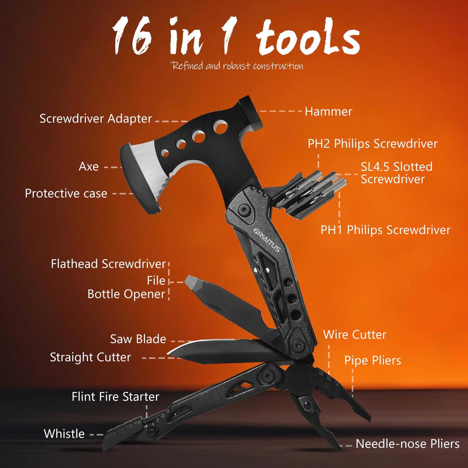16 in 1 Multitool Camping Survival Gear with Axe Saw Pliers Whistle Hammer