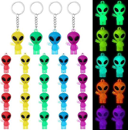 24 Pcs Alien Party Favors Alien Keychains Glow in The Dark Space Keychain Mini Aliens Figures Little Bulk Gift Prizes Goodie Bag Piñata Halloween Stuffers for Music Festival Easter (Colorful)