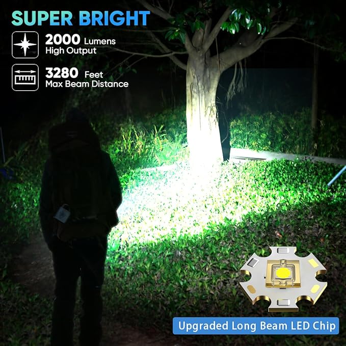 Flashlights High Lumens LED Rechargeable, 2000LM Poweful Tactical Flashlights, Super Bright Flash Light Waterproof with 5 Modes & LCD Display, COB Work Light for Camping Hiking Emergencies