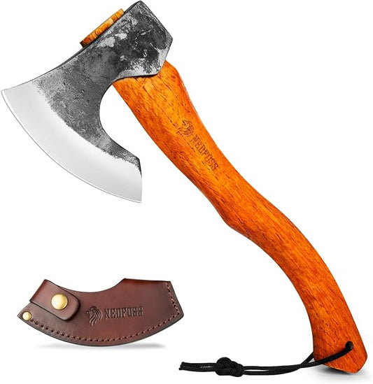 NEDFOSS Camping Hatchet Axe, Wooden Handle Bushcraft Axe with Sheath, Viking Axe with Steel Wedge, Hand Forged Hatchets for Camping and Survival, Gift for Men??(MMA-16)