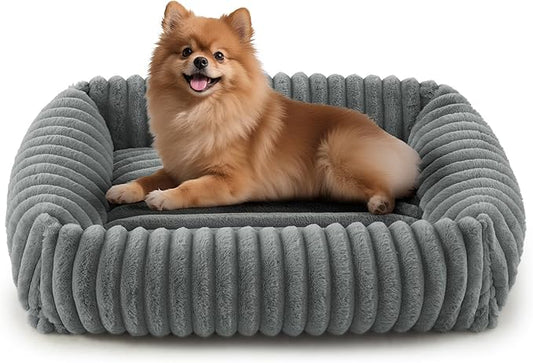 Dog Beds for Small Medium Dogs, Washable Orthopedic Pet Bed with Removable Cover, Rectangle Soft Calming Sleeping Puppy Bed Durable Pet Cuddler with Anti-Slip Bottom, 25"x21"x7" Grey
