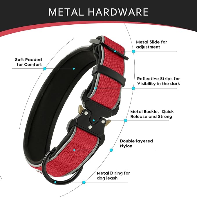 Dog Collar for Small Medium Large Dogs, Reflective, Adjustable Heavy Duty Dog Collar, Soft Neoprene Padded Comfortable for Walking (Red, L)