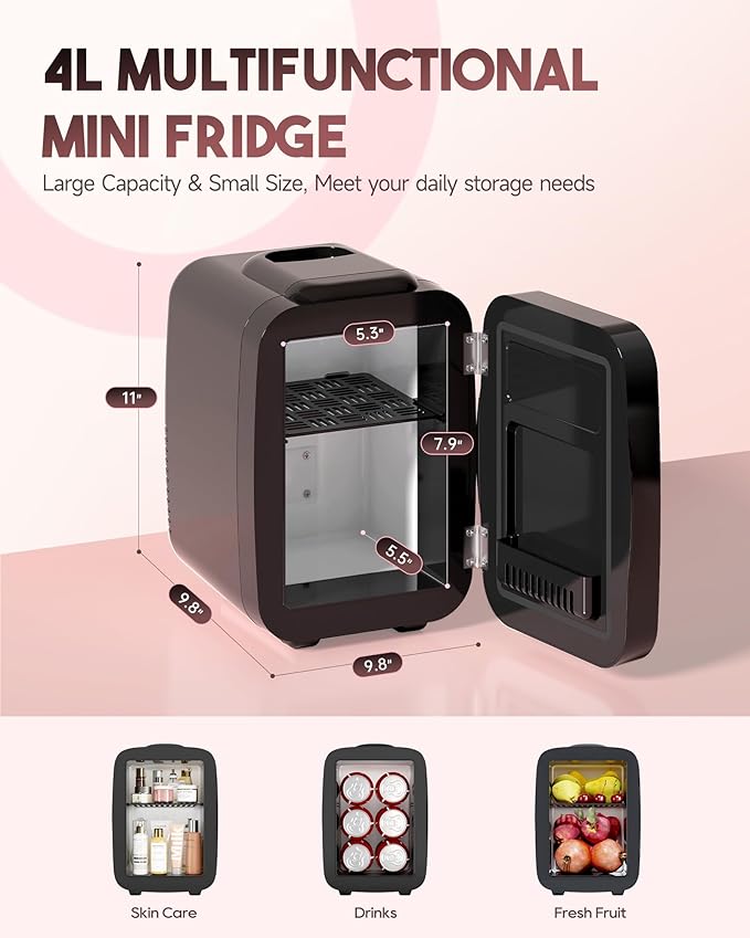 Skincare Fridge with Dimmable LED Light Mirror, 4L/6Can Mini Fridge Skincare for Bedroom,Office,Dorm,Cooler & Warmer,Portable refrigerator for SkinCare, Food and Drinks,Black