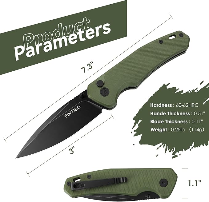 FINTISO Pocket Knife, 3" 14C28N Steel Blade G10 Handle Small EDC knife with Button Lock, Sharp Folding Knife with Pocket Clip for Camping, Survival, Hunting