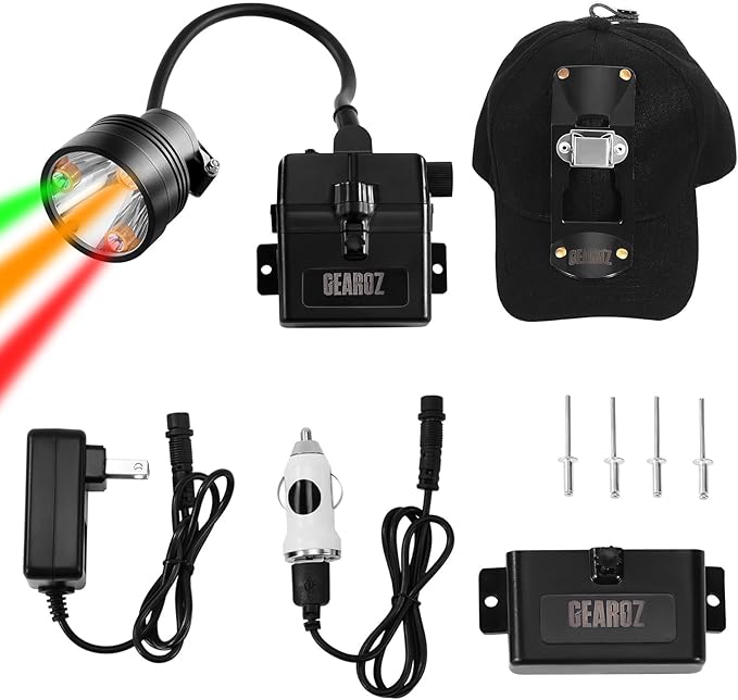 10W Coon Hunting Lights Headlamp for Coyotes Hog Predators, Rechargeable & IPX5 Waterproof, 6 Lighting Modes, 600 Lumens Bright 4-Color LED (White Red Green Amber) with Black Hunting Hat