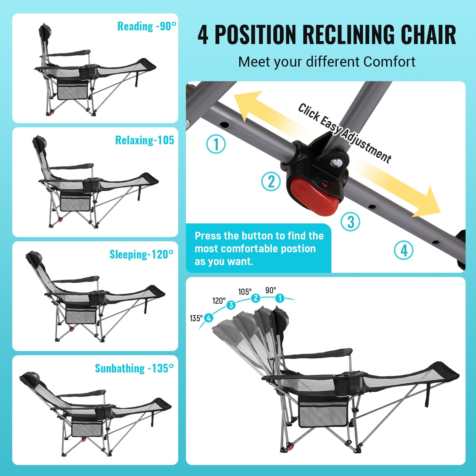 #WEJOY 2-in-1 Reclining Camping Chair with Footrest for Adults Folding Lounge Chair with Adjustable