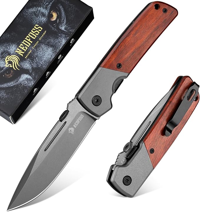 NedFoss DA52 Pocket Knife for Men, 3.5" Compact EDC Knife, Lightweight Camping Folding Knife with Clip, Rosewood Handle with Aluminium Bolster, Liner Lock